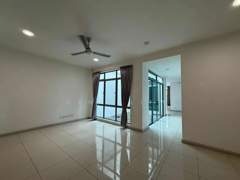 Living features: white painted walls, glossy ceramic tile flooring, 5-blade ceiling fan with light, floor-to-ceiling windows, sliding glass door, curtains, natural light, open layout; style: modern; view: garden.