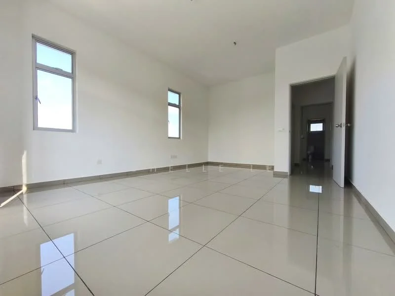 Room features: white painted walls, glossy ceramic tile flooring, two windows, neutral ceiling, doorway leading to another room, corner of the room with natural light, no visible furniture or decor; style: modern; view: sky.