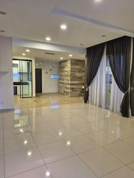 Living features: glossy tile flooring, neutral painted walls, feature wall with stone cladding, floor-to-ceiling windows, sheer curtains, recessed downlights, 3-blade ceiling fan, open layout to kitchen, dining area, decorative wall paneling; style: modern. Kitchen features: open kitchen layout, glass partition, unknown cabinetry, unknown countertop, unknown appliances; style: modern.