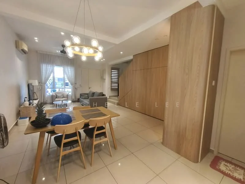 Living features: cream painted walls, white ceiling with recessed downlights, light-colored tiled flooring, 5-blade ceiling fan with light, large window with sheer curtains, sofa in grey fabric, coffee table, TV console, wall-mounted TV, dining table with 4 wooden chairs, decorative plant on table, built-in cabinetry with wood finish; style: modern.