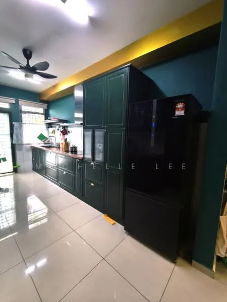 Kitchen features: green cabinetry, black fridge, stainless-steel sink, chrome faucet, white tiled backsplash, white marble countertop, ceramic tile flooring, 5-blade ceiling fan, recessed lighting, window with sheer curtains, open shelving, kitchen island, built-in oven; style: modern.