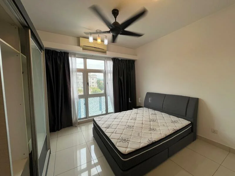 Bedroom features: king-size bed, upholstered headboard, floor-to-ceiling windows, blackout curtains, white painted walls, ceiling fan with light, built-in wardrobe with sliding doors, tile flooring, air conditioning unit; style: modern; view: city.