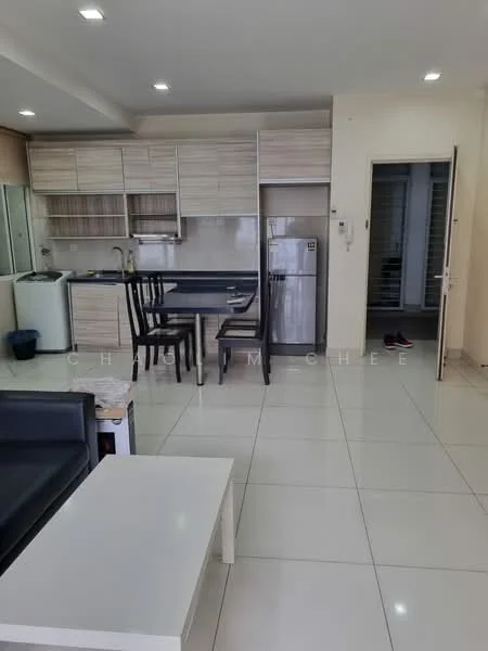 Kitchen features: white laminate cabinetry, grey countertop, stainless-steel fridge, built-in oven, 4-burner gas hob, single-bowl stainless-steel sink, chrome pull-down faucet, ceramic tile flooring, recessed downlights, dining table with 4 chairs, open shelving, washing machine; style: modern. Living features: 3-seater fabric sofa in black, coffee table, TV console, wall-mounted TV, area rug, white walls, sliding door to hallway; style: modern.