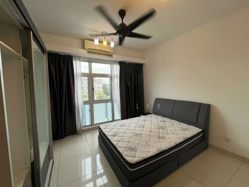 Bedroom features: queen-size bed, upholstered headboard, 2 bedside lamps, floor-to-ceiling windows, blackout curtains, white painted walls, ceiling fan with light, tile flooring, built-in wardrobe with sliding doors, air conditioning unit; style: modern; view: city.