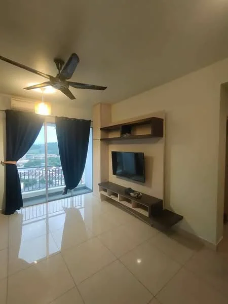 Living features: 5-blade ceiling fan with light, floor-to-ceiling windows, sliding glass door, curtains in dark blue, wall-mounted TV, TV console with storage, light-colored walls, glossy tile flooring; style: modern; view: city.