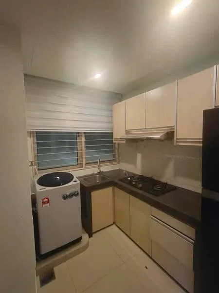 Kitchen features: light-colored cabinetry, black countertop, stainless-steel sink, chrome faucet, 2-burner gas hob, built-in oven, washing machine, tile flooring, window with horizontal slats, recessed lighting; style: modern.