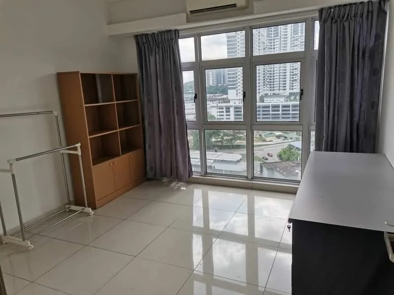 Room features: large floor-to-ceiling windows, grey curtains, white walls, glossy white tile flooring, built-in wooden shelving unit, freestanding clothing rack, dark wooden desk, city view; style: modern; view: city.