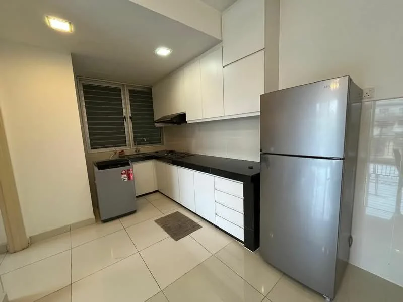 Kitchen features: white flat-panel cabinets, black granite countertop, stainless-steel range hood, 4-burner gas hob, built-in oven, stainless-steel fridge, grey under-counter fridge, ceramic tile flooring, single-bowl stainless-steel sink, window with horizontal blinds, recessed LED downlights; style: modern.