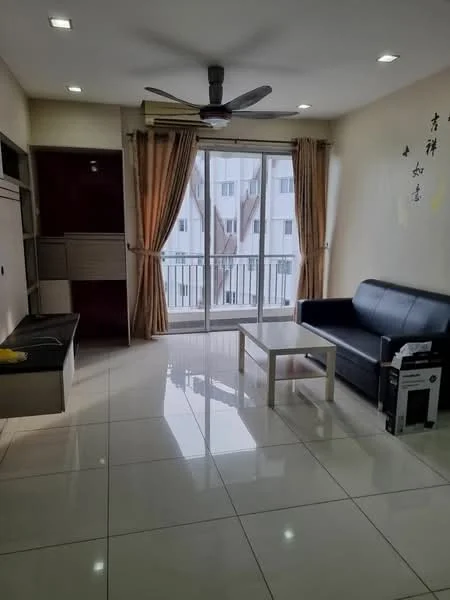 Living features: white painted walls, glossy tile flooring, 5-blade ceiling fan with light, sofa in dark blue, coffee table, curtains in beige, floor-to-ceiling windows, balcony access, TV console, decorative wall art; style: modern.
