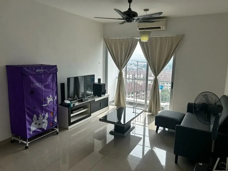 Living features: grey fabric sofa, black coffee table, TV console with TV, purple storage cabinet, floor-to-ceiling windows, curtains, wall-mounted air conditioning unit, ceiling fan with light, glossy tile flooring; style: modern; view: city.