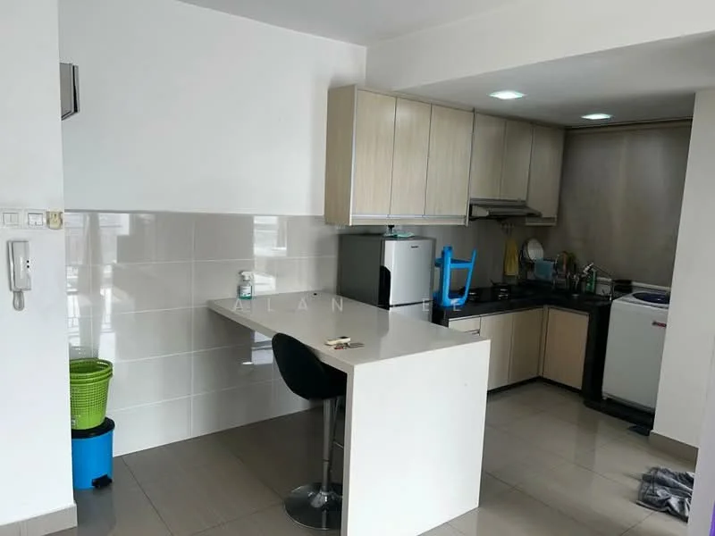 Kitchen features: light wood cabinetry, white tiled backsplash, grey countertop, stainless-steel fridge, built-in gas stove, exhaust hood, single-bowl stainless-steel sink, bar stool, ceramic tile flooring, recessed downlights; style: modern.