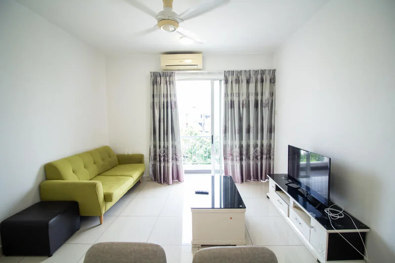 Living features: green fabric sofa, black ottoman, white coffee table, white TV console, wall-mounted TV, floor-to-ceiling windows, sheer curtains, recessed downlights, 1 wall-mounted split AC, glossy tile flooring, decorative wall art, balcony access; style: modern; view: garden.