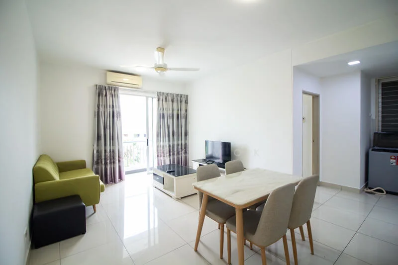 Living features: white painted walls, glossy tile flooring, 5-blade ceiling fan with light, floor-to-ceiling windows, sliding glass door, curtains with floral pattern, green fabric sofa, black ottoman, coffee table with glass top, wall-mounted TV, dining table with 4 chairs; style: modern; view: city.
