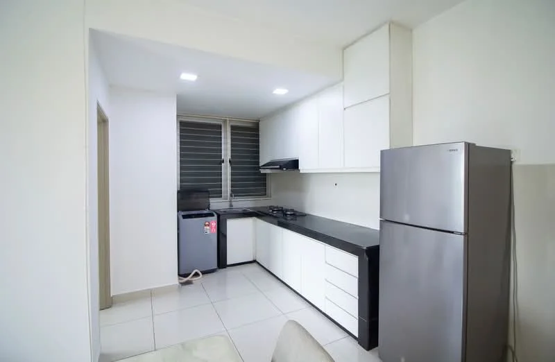Kitchen features: white cabinetry, black countertop, stainless-steel fridge, built-in gas hob, exhaust hood, double-bowl stainless-steel sink, grey tiled flooring, window with horizontal blinds, recessed LED downlights; style: modern.