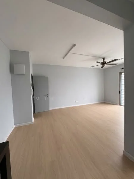 Living features: light wood laminate flooring, white painted walls, ceiling fan, sliding glass door, floor-to-ceiling windows, natural light, neutral color scheme, open layout; style: modern.