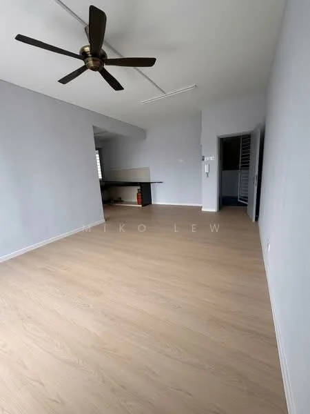 Room features: light wood laminate flooring, grey painted walls, 5-blade ceiling fan, large window, open layout, no visible furniture, neutral color scheme, high ceiling; style: modern.