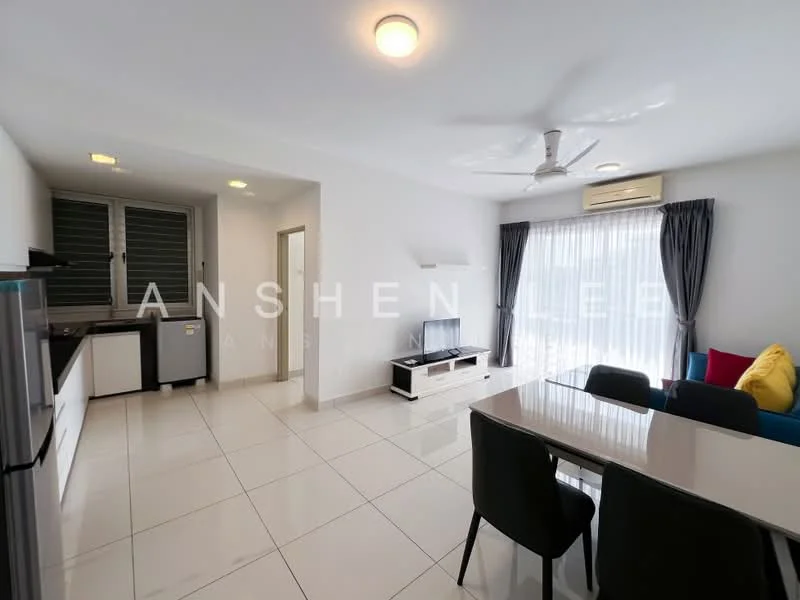 Living features: white painted walls, glossy tile flooring, 5-blade ceiling fan with light, recessed downlights, floor-to-ceiling windows with sheer curtains, TV console, wall-mounted TV, sofa in blue and yellow, dining table with 4 chairs, refrigerator, kitchenette with cabinets; style: modern.