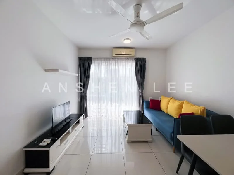Living features: blue fabric sofa, yellow accent pillows, white TV console, wall-mounted TV, glass coffee table, dining table with black chairs, white tiled flooring, floor-to-ceiling windows with sheer curtains, ceiling fan, air conditioning unit; style: modern.