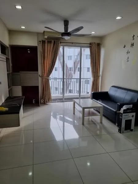 Living features: black leather sofa, white coffee table, wall-mounted TV console, floor-to-ceiling windows, sheer curtains, recessed downlights, white tiled flooring, ceiling fan; style: modern.