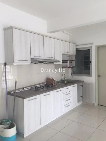 Kitchen features: white shaker cabinets, grey countertop, stainless-steel sink, chrome pull-down faucet, built-in gas hob, exhaust hood, ceramic tile flooring, white tiled backsplash, window with view, light-colored walls, multiple cabinet drawers, open shelving, door to adjacent room; style: modern.