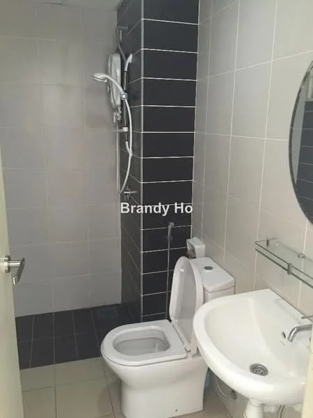 Bathroom features: white tiled walls, black accent wall, ceramic tile flooring, walk-in shower with glass partition, chrome shower head, toilet, single-sink vanity with white cabinet, round mirror, glass shelf; style: modern.