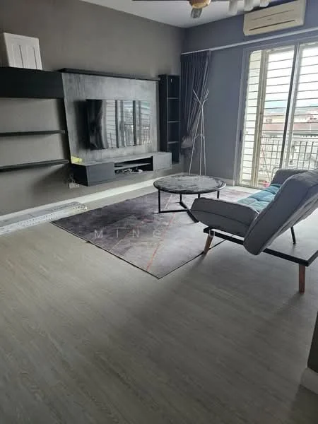 Living features: grey painted walls, light wood flooring, recessed downlights, wall-mounted TV, black TV console, round coffee table, area rug with geometric pattern, single grey armchair, floor-to-ceiling windows with sheer curtains, curtains in dark grey, decorative floor lamp; style: modern; view: city.