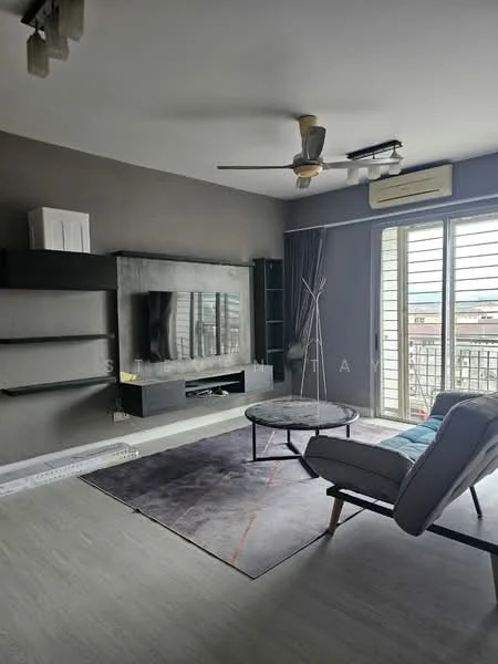 Living features: grey painted walls, light wood flooring, 5-blade ceiling fan with light, wall-mounted TV, black entertainment unit, glass coffee table, blue accent chair, area rug with geometric pattern, floor-to-ceiling windows with sheer curtains, sliding glass door, curtains, shelf unit; style: modern; view: city.