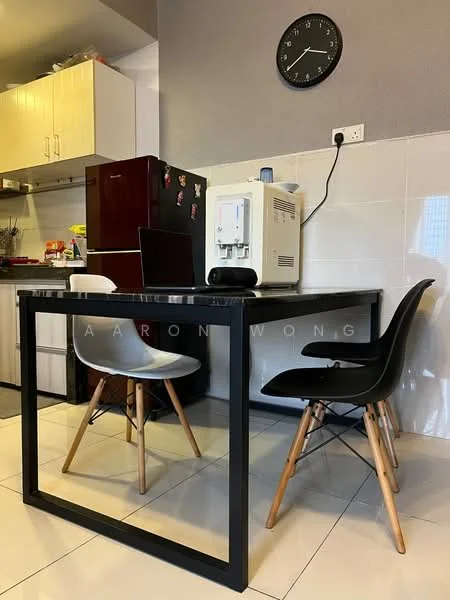 Dining features: black rectangular dining table, two dining chairs with wooden legs, white plastic chair, black laptop on table, wall clock, white tiled flooring, grey painted walls, refrigerator, water dispenser; style: modern.