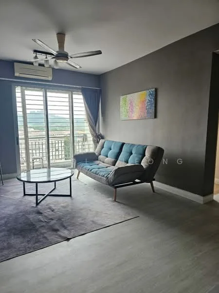 Living features: 3-seater fabric sofa in blue, glass coffee table, area rug in purple, floor-to-ceiling windows, sliding glass door, curtains, ceiling fan with light, wall-mounted air conditioning unit, decorative wall art, grey accent wall, laminate flooring; style: modern; view: city.