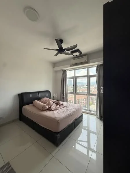Bedroom features: king-size bed, upholstered headboard, 2 bedside pillows, floor-to-ceiling windows, grey curtains, 5-blade ceiling fan with light, white painted walls, glossy tile flooring, air conditioning unit; style: modern; view: city.