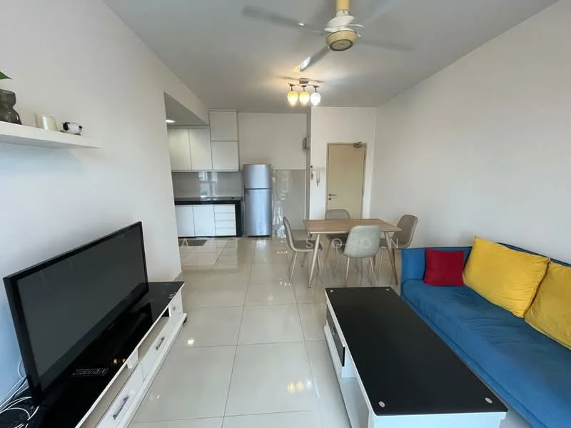Living features: 3-seater fabric sofa in blue, yellow accent cushions, coffee table with black surface, TV console with white finish, wall-mounted flat-screen TV, ceiling fan with light, recessed downlights, white painted walls, glossy tile flooring, dining table with four chairs, stainless-steel fridge, kitchen cabinetry with white finish; style: modern.