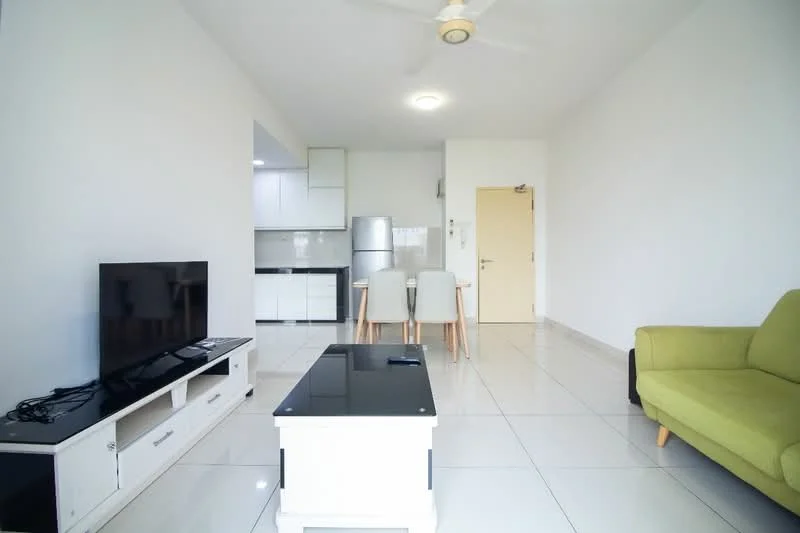 Living features: light green fabric sofa, black coffee table, white TV console, wall-mounted TV, ceiling fan, white walls, glossy tile flooring, natural light from windows; style: modern. Dining features: 4-seater dining table, wooden dining chairs, open layout to kitchen, white cabinetry in kitchen visible; style: modern.