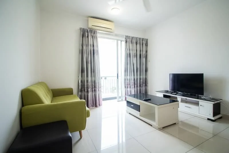 Living features: green fabric 2-seater sofa, black upholstered stool, white coffee table with black top, wall-mounted TV, TV console with storage, floor-to-ceiling windows, sheer curtains, recessed ceiling lights, white painted walls, glossy tile flooring, ceiling fan; style: modern; view: city.