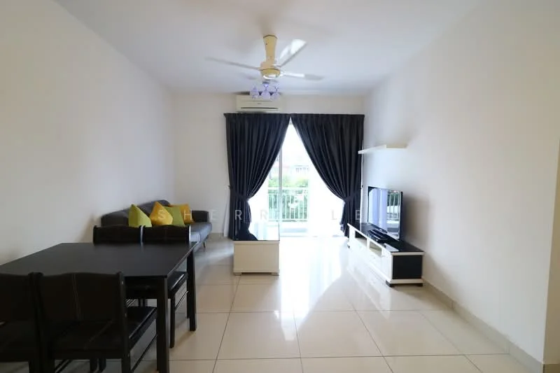 Living features: white painted walls, glossy tile flooring, 5-blade ceiling fan with light, sofa in dark brown leather, yellow and grey decorative cushions, dining table with 4 black chairs, TV console in white, wall-mounted TV, curtains in dark grey, sliding glass door, balcony view; style: modern; view: garden.