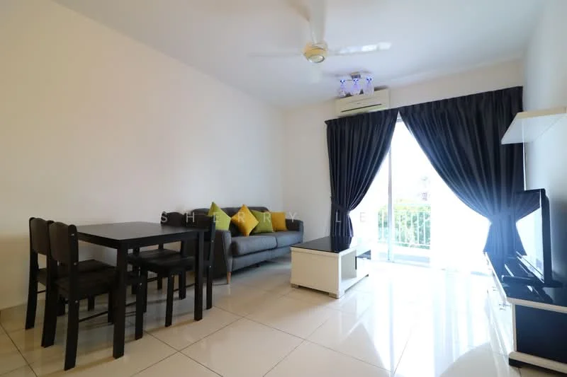 Living features: grey fabric sofa, black dining table with 4 chairs, white coffee table, floor-to-ceiling windows, blackout curtains, wall-mounted TV, light-colored tiled flooring, ceiling fan with light; style: modern; view: garden.