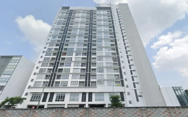 Exterior type: high-rise condominium; features: white painted facade, glass curtain wall, recessed balconies, approximately 10-storey high-rise, mature trees in foreground, urban context with nearby buildings; style: modern.