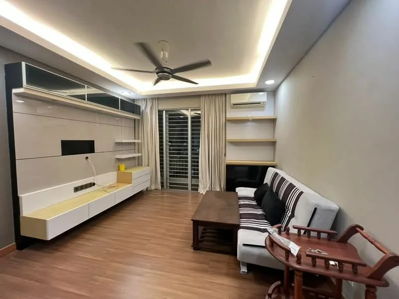 Living features: 3-seater fabric sofa in grey, wood coffee table, TV console with wall-mounted TV, built-in shelving unit, recessed LED downlights, ceiling fan, floor-to-ceiling windows with sheer curtains, laminate flooring, decorative wall paneling; style: modern.