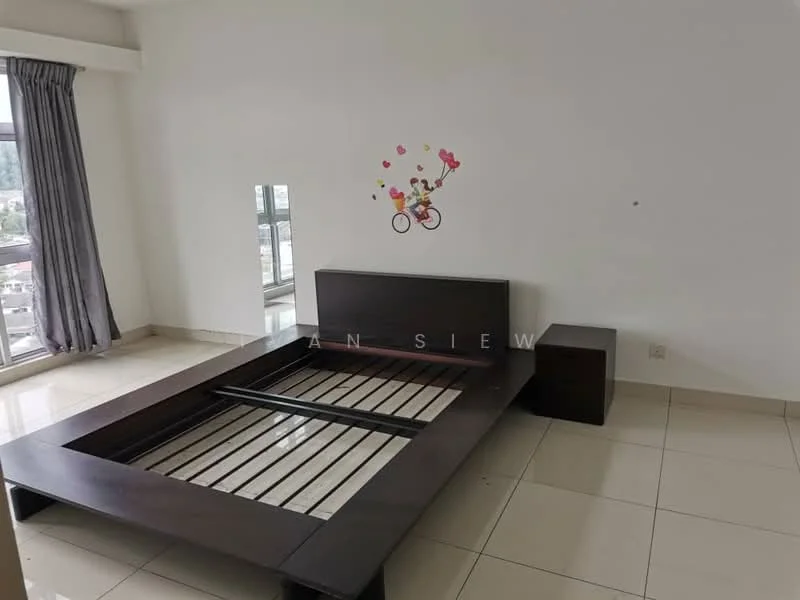 Bedroom features: queen-size bed frame without mattress, nightstand, large window with city view, grey curtains, white painted walls, tile flooring, decorative wall sticker, mirror on wall; style: modern; view: city.
