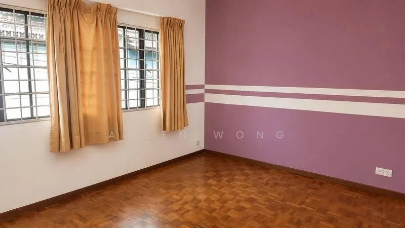 Room features: purple accent wall, cream painted walls, parquet wood flooring, two windows with metal grills, curtains in beige, striped wall design; style: modern.