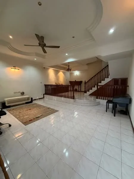 Living features: white painted walls, polished ceramic tile flooring, tray ceiling, 5-blade ceiling fan, recessed downlights, sofa, area rug with geometric pattern, coffee table, staircase with wooden railing, decorative wall sconce; style: modern.