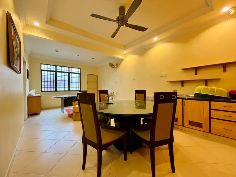 Dining features: round dining table, 4 dining chairs, ceiling fan, wall-mounted air conditioning unit, light fixtures, wooden cabinetry, countertop with storage, tile flooring, cream painted walls, large window with grid pattern; style: modern. Room features: additional seating area, open layout, natural light from window.
