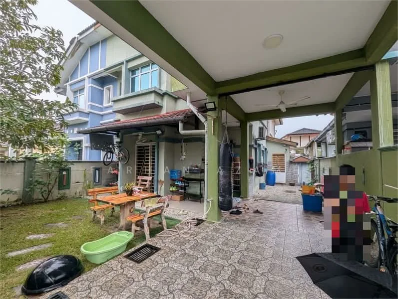 Exterior type: semi-detached house; features: manicured lawn, paved walkway, outdoor dining table with benches, bicycle, outdoor lighting, garden area, decorative plants, covered porch, exposed brick wall, multiple storey, residential neighborhood; style: modern.
