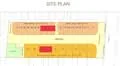 Floor plan: features: site layout, building placement, parking areas, green spaces, pathways, entrances, common areas.