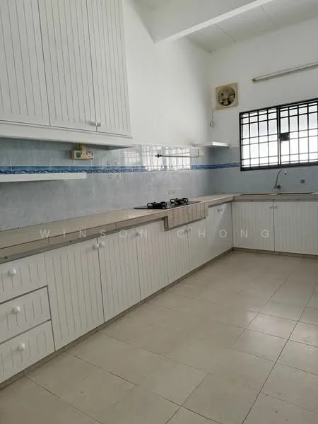 Kitchen features: white cabinetry with horizontal paneling, light blue tiled backsplash, grey countertop, built-in gas hob with 2 burners, single-bowl stainless-steel sink, window with black metal grille, white walls, tile flooring, overhead cabinets, drawer storage; style: modern.