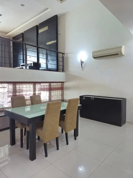 Dining features: glass dining table, 4 upholstered dining chairs, white tiled flooring, wall-mounted air conditioning unit, decorative wall sconce, large window with blinds, black sideboard, high ceiling with exposed beams; style: modern.