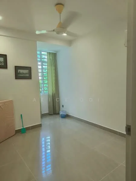 Room features: white painted walls, grey tiled flooring, 5-blade ceiling fan, large window with green curtains, two framed artworks on the wall, blue plastic bucket, corner with light, natural light from window; style: modern; view: garden.