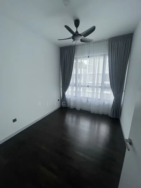Bedroom features: dark wood flooring, white painted walls, 5-blade ceiling fan, floor-to-ceiling windows, sheer curtains, blackout curtains, light switch, door with handle; style: modern.