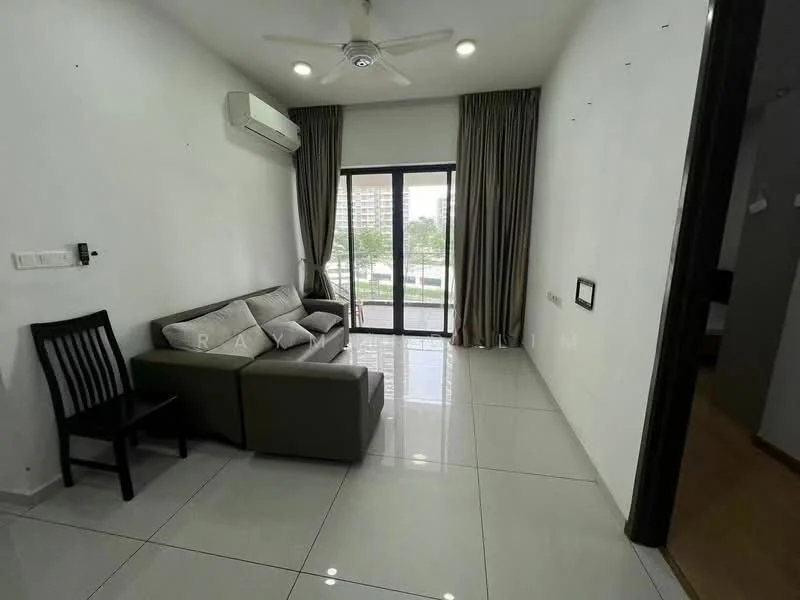 Living features: 3-seater fabric sofa in grey, floor-to-ceiling windows, sliding glass door, white painted walls, polished ceramic tile flooring, ceiling fan, curtains, air conditioning unit; style: modern; view: garden.