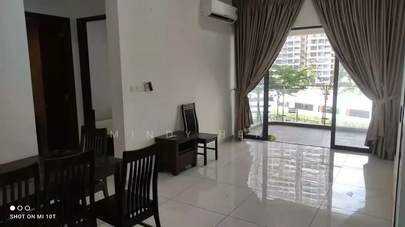 Living features: white painted walls, glossy tile flooring, floor-to-ceiling windows, sliding glass door, sheer curtains, ceiling-mounted air conditioning unit, dining table with chairs, wooden side table; style: modern; view: garden.