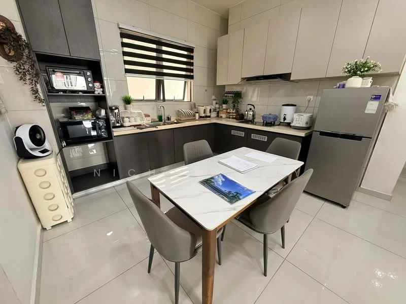 Kitchen features: grey cabinetry, white countertop, stainless-steel fridge, built-in oven, microwave, 4-burner gas hob, stainless-steel sink, chrome pull-down faucet, dining table with 4 chairs, ceramic tile flooring, window with blinds, kitchen appliances, open shelving; style: modern.